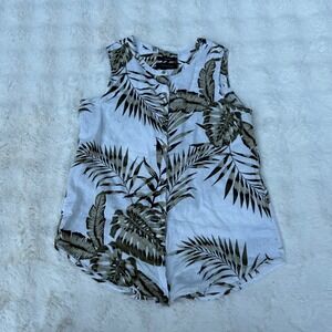 Tahari Women 100% Linen Tropical Palm Print Sleeveless Button Down Blouse Small